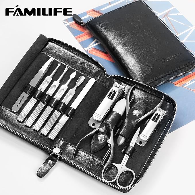 Manicure Kit, FAMILIFE Professional Manicure Set Nail Kit, 11 in 1 Stainless Steel Nail Clippers Set for Men Pedicure Kit, Men Grooming Kit with Portable Black Leather Travel Case Luxury Gifts for Him