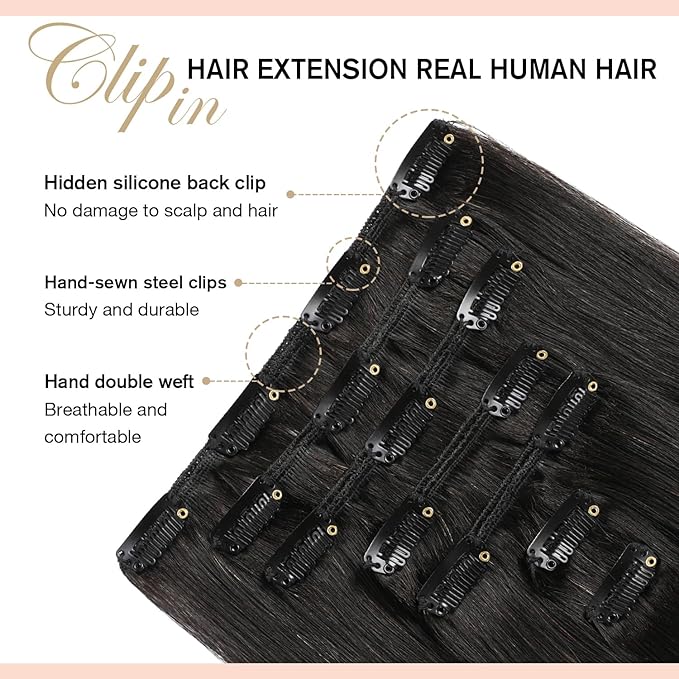 YILITE Clip in Hair Extensions Real Human Hair 16inch 70g 7Pcs #1B Natural black Remy Human Hair Extensions Clip ins for Women clip in Human Hair Extensions
