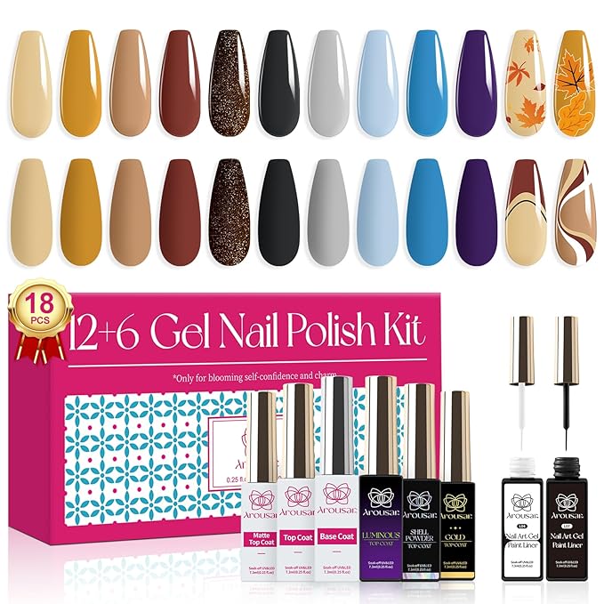 18Pcs Gel Polish-10 Color Fall Yellow Soak Off Nail Polish Brown Blue Gel Nail Polish Set, with 2pcs Nail Art Gel Liner and 6pcs Base & Top Coat Art Manicure DIY Salon Home