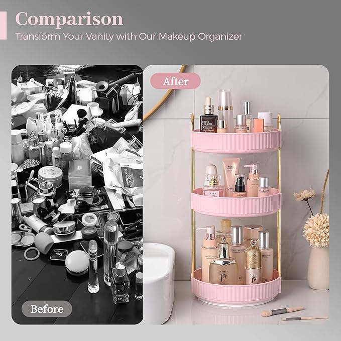 Aveniee 360 Rotating Makeup Organizer for Vanity, Skincare Make Up Organizers Large, Spinning Bathroom Counter Organizer Shelf Holder for Cosmetics, Skin Care, Lipsticks(3 Tiers, Pink)