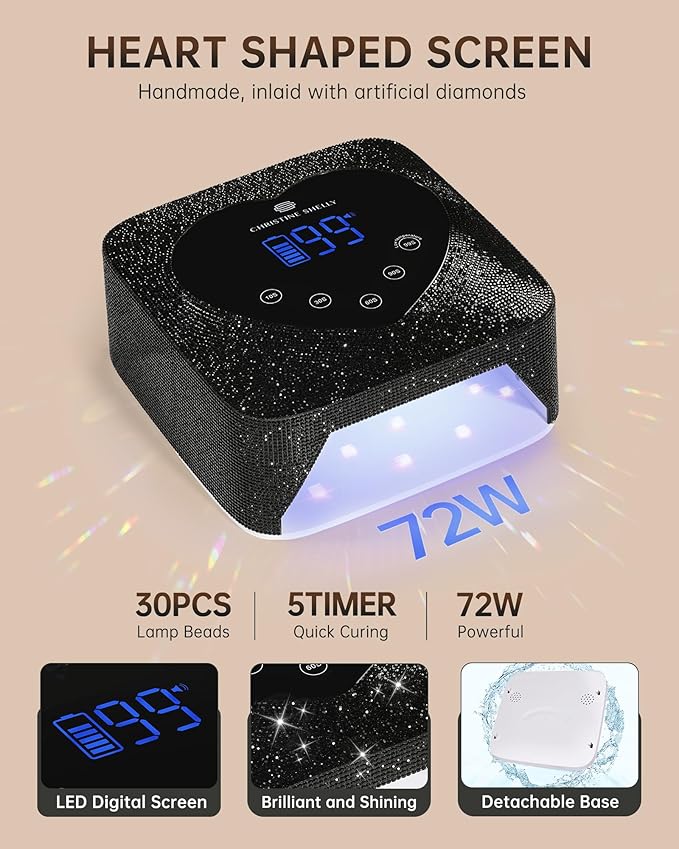 UV LED Nail Lamp 72W Rechargeable Sparkly Wireless Nail Dryer Gel Polish Light with 5 Timer Setting Professional Quick Dry Curing Lamp with Display Auto Sensor for Salon & Home, Black