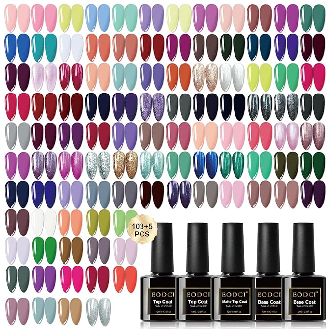 103 Colors Gel Nail Polish Set, Multi-Colored Gel Polish With 5 Pcs Base Coat Glossy Matte and Glossy Top Coat Nail Set