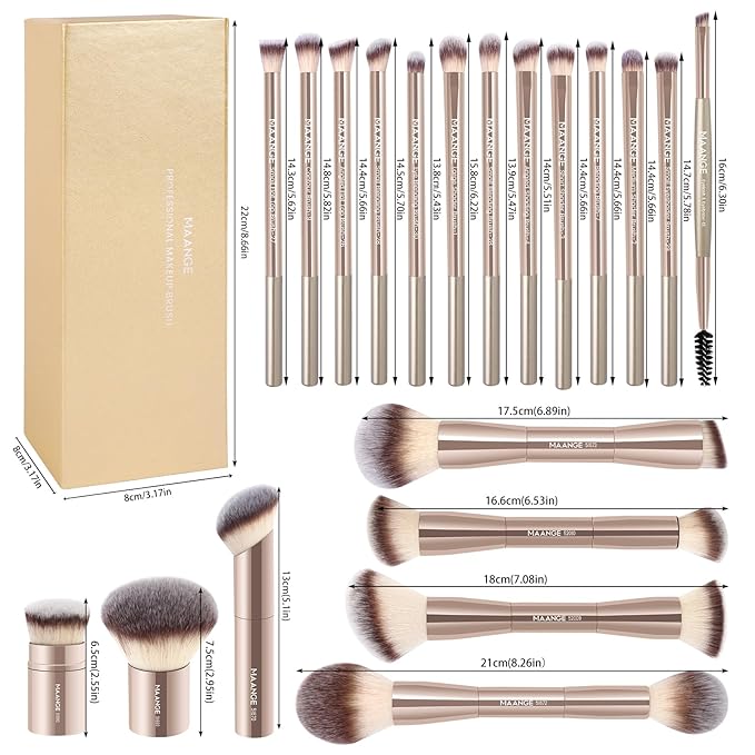 MAANGE 20 Pcs Makeup Brushes with Gift Box, Double-End Multi-functional Makeup Brushes for Blending Liquid Powder Concealer Cream Blush Buffe,Champagne