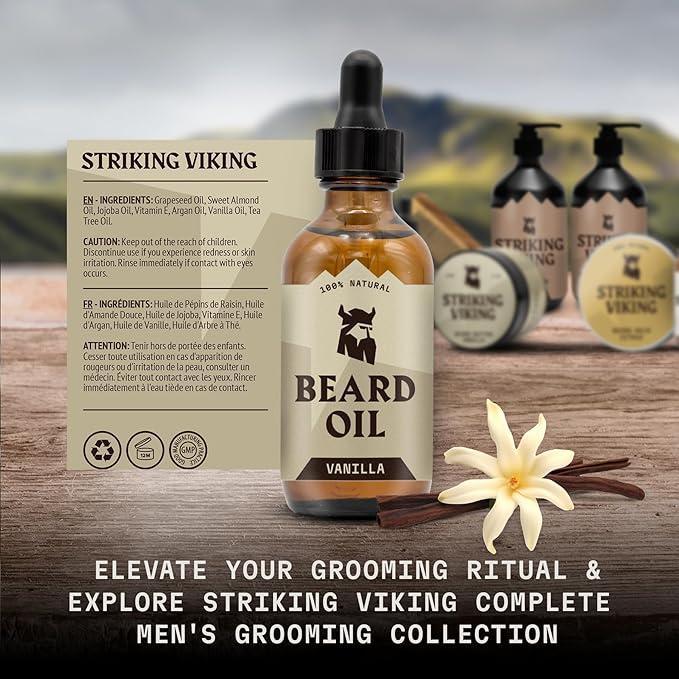Striking Viking Beard Oil for Men - 2 Fl Oz, Pack of 2, Vanilla Scent - Naturally Derived Conditioner with Almond, Tea Tree, Argan & Jojoba Oil for Beard Growth, Softening & Moisturizing