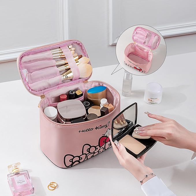 AmBealla Travel Makeup Bag Large Cosmetic Bags with Brush Holder, Pink Waterproof 2PCS Portable Cosmetic Case for Women, Toiletry Storage Bag for Skincare & Beauty Tools for Girls