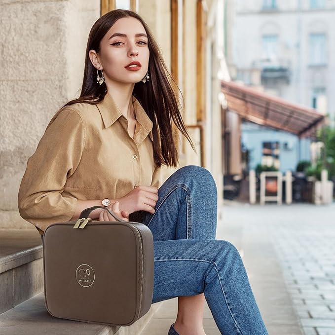 MOMIRA Travel Makeup Bag Cosmetic Bag Makeup Organizer Bag with Lighted Mirror, Adjustable Brightness in 3 Color Scenarios, Waterproof Makeup Train Case, Gift for Women - Brown