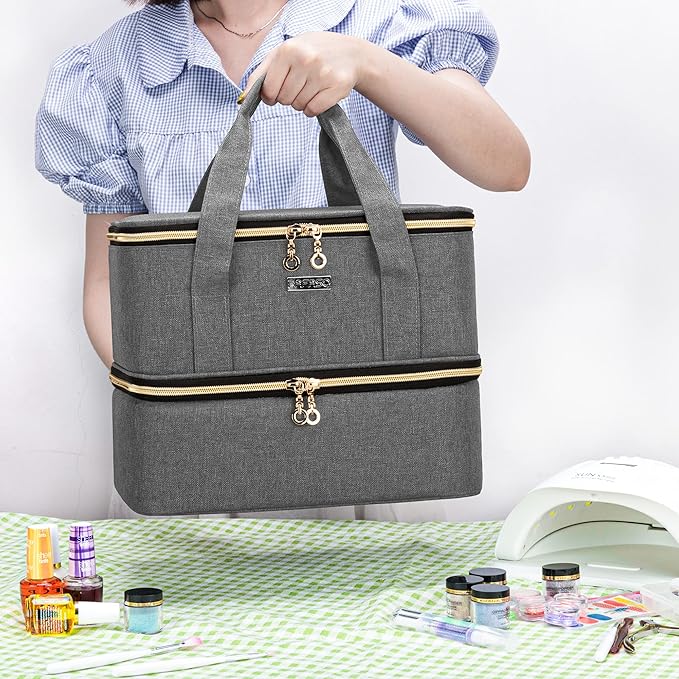 BAFASO Nail Polish Organizer Holds 40 Bottles (15ml - 0.5 fl.oz) and a Nail Lamp, Nail Polish Carrying Case with Manicure Tools Storage Sections (Bag Only), Gray