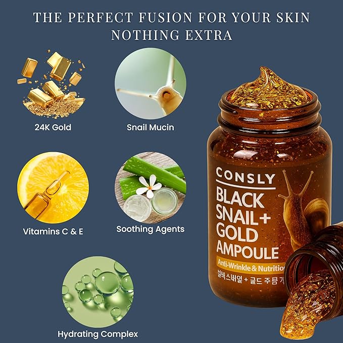CONSLY_Black Snail Mucus & 24K Gold Ampoule-Serum | Nourishing Anti-Wrinkle Essence for Face, Neck & Décolleté | Hydrating, Revitalizing, Firming | 250ml / 8.45 fl.oz
