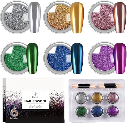 6 Color Set 0.5g/Jar Chrome Nail Powder Metallic Mirror Pigment Dust for Manicure Nail Art Decoration Gold Silver Brown Green Blue Purple Rubbing Glitter (TA 6 Pcs Set-03)