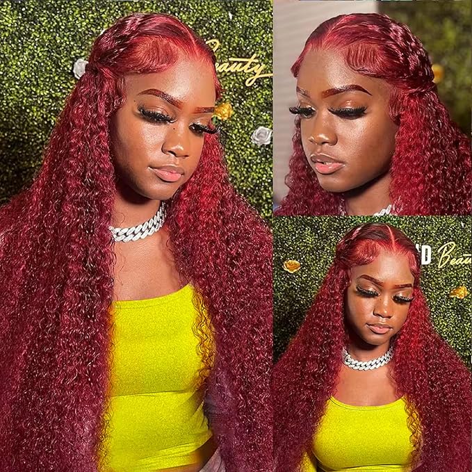99j Burgundy Lace Front Wigs Human Hair 180%Density 13x4 Deep Wave Lace Front Wigs Human Hair Pre Plucked Wine Red Curly Wet Wavy Human Hair Wig HD Full Lace Frontal Glueless Wigs For Women 22 Inch