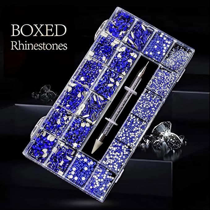 12 Types of Blue 600 Diamonds + 2500 Flat Rhinestones Mix 20 Styles Flatback DIY Crafts Rhinestone Crystals 3D Decorations Flat Back Stones Set + Rhinestone Picker Wax Pen