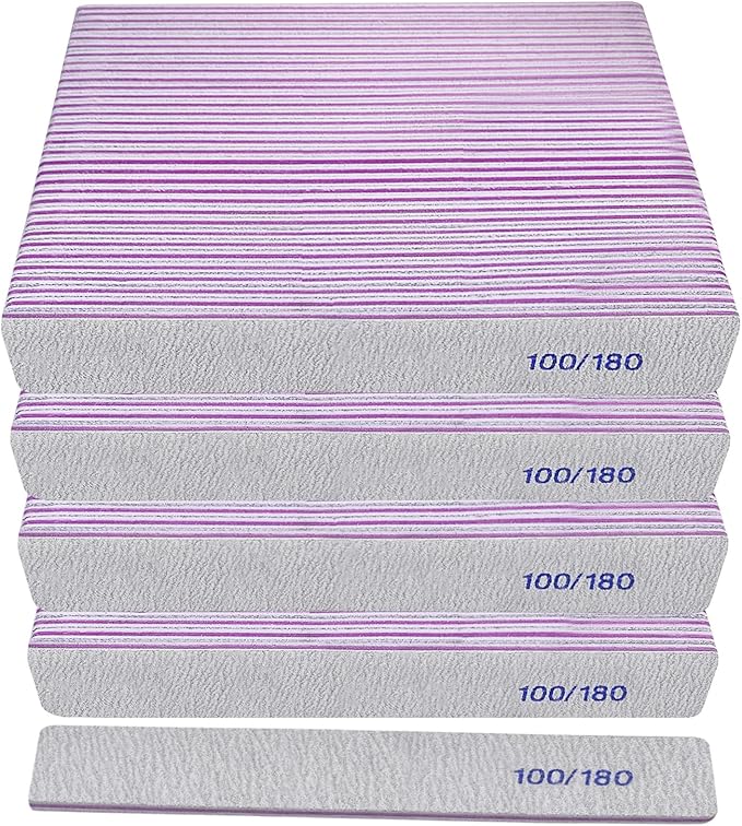 100/180 Grit Nail File (100 Pack), Emery Board Nail Files for Acrylic Nails and Natural Nails, Double Sided Emory Boards Professional Nail Filer Reusable Washable Manicure Square Gray