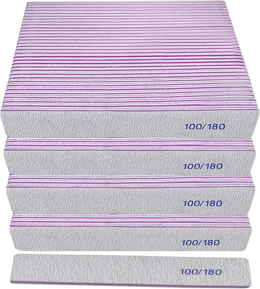 100/180 Grit Nail File (100 Pack), Emery Board Nail Files for Acrylic Nails and Natural Nails, Double Sided Emory Boards Professional Nail Filer Reusable Washable Manicure Square Gray