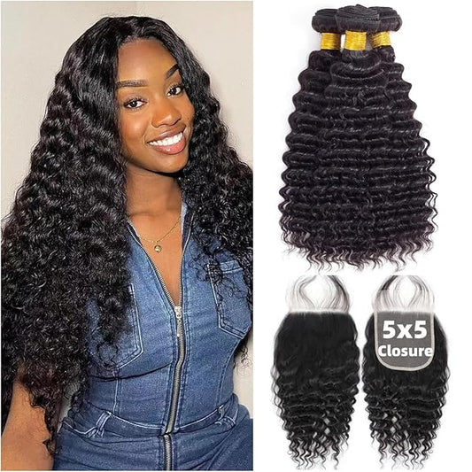 12A Human Hair 3 Bundles with 5x5 HD Lace Closure (16 18 20 +16) 100% Unprocessed Brazilian Virgin Remy Hair Deep Wave Human Hair Bundles with Closure Natural Color