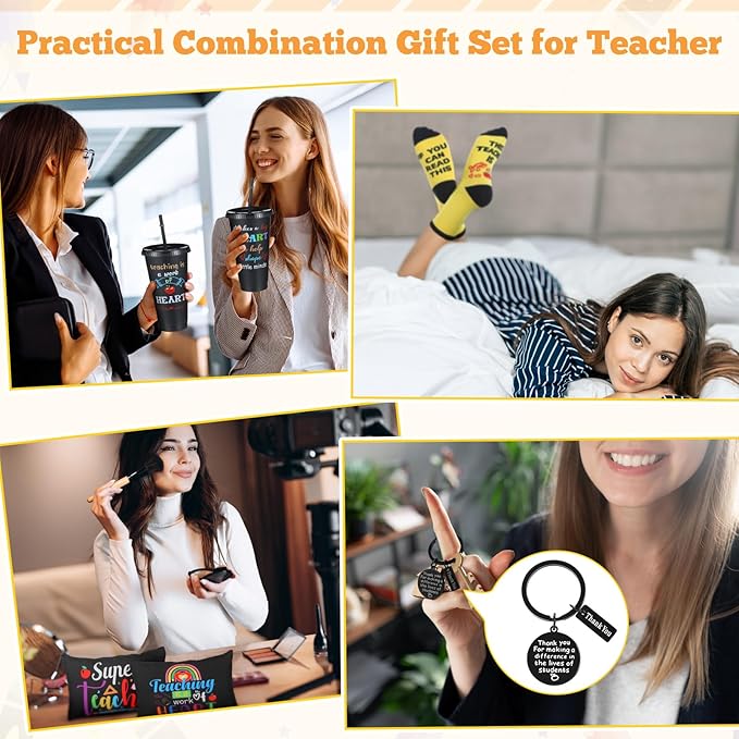 24 Pcs Teacher Appreciation Gift from Students 2025 Teachers' Day Thank You Gifts Bulk 24 oz Plastic Tumbler Cup Makeup Cosmetic Bag with Zipper Crew Sock Keychain for Retirement(Classic)