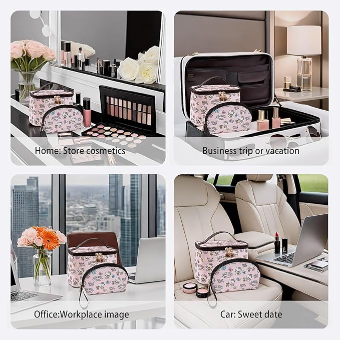 AmBealla Cosmetic Bag Large Makeup Bags Pink Travel Case with Makeup Brush Holder,2PCS Cosmetic Organizer for Women, Toiletry Storage Bag for Skincare & Beauty Tools Sweet Cute for Girls