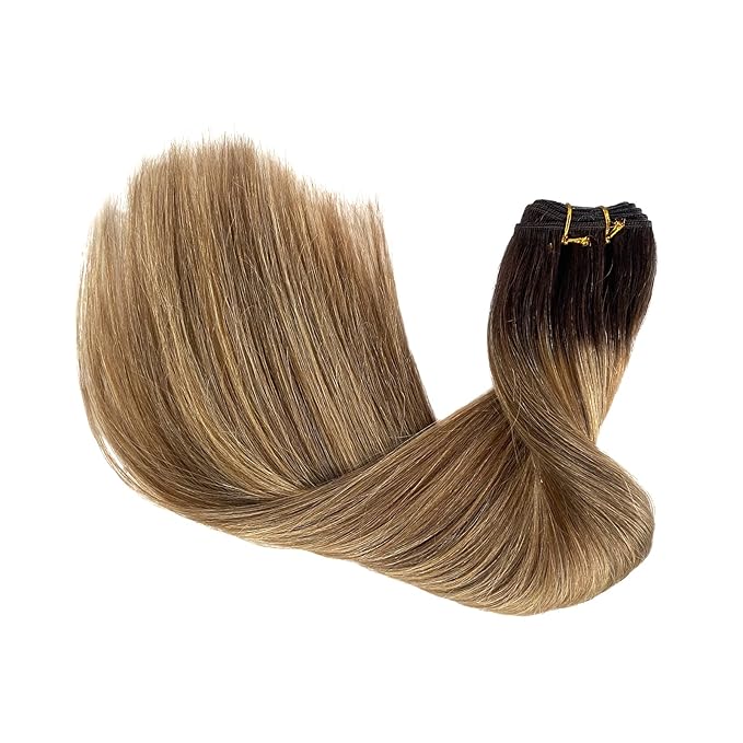 Sew in Hair Extensions Real Human Hair, 18 Inch 100G Ombre Brown Balayage Golden Blonde Highlights Hair Extensions Real Human Hair Weave Bundles Hand Tied Weft Hair Extensions Human Hair for Women