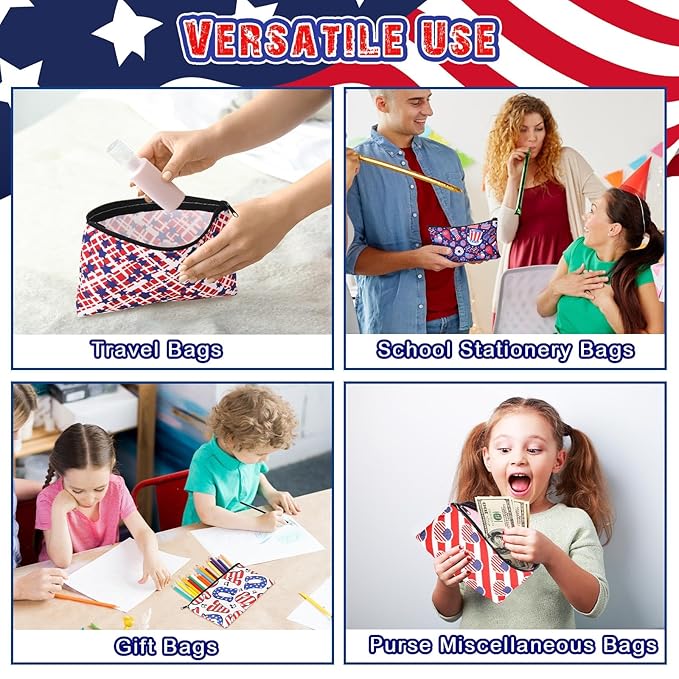 24 Pieces Makeup Bags Bulk Canvas Cosmetic Bags Purse Organizer Zipper Cosmetic Pouch Portable Travel Toiletry Pouch for Women Men Gifts, 7 x 4 Inch (Patriotic)
