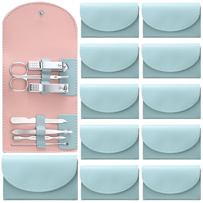 12 Set Manicure Set Bulk Mini Manicure Nail Clipper Kit 7 in 1 Stainless Steel Professional Nail Care Pedicure with Travel Portable Bag Grooming Kits for Women Men Home(Green)