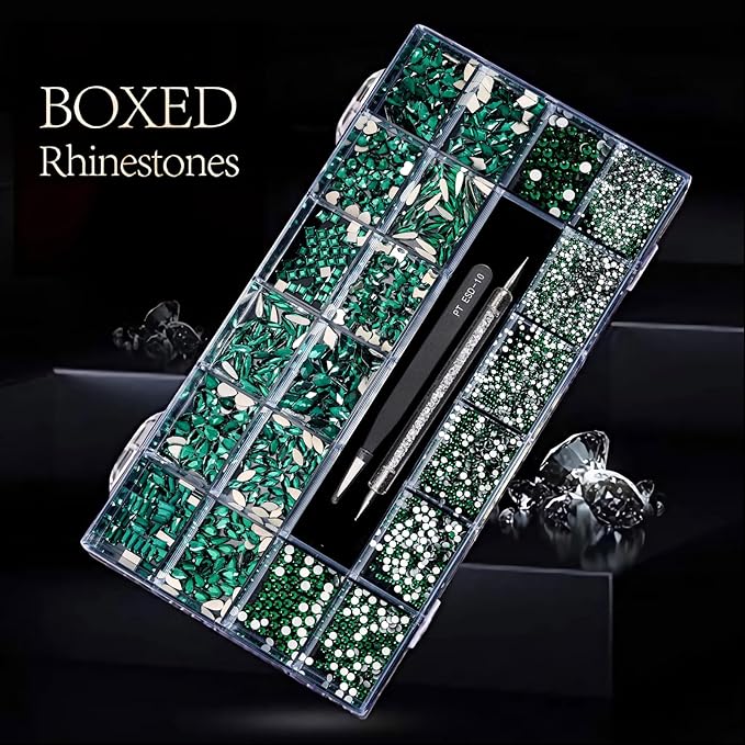12 Types of Green 600 Diamonds + 2500 Flat Rhinestones Mix 20 Styles Flatback DIY Crafts Rhinestone Crystals 3D Decorations Flat Back Stones Set +Tweezers + Drill Pen