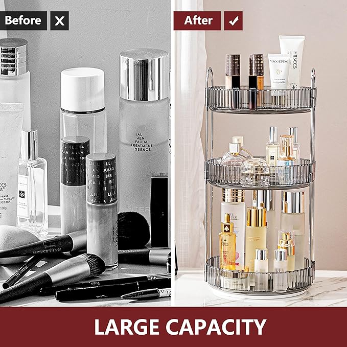360° Rotating Makeup Organizer, Bathroom Make Up Spinning Holder Rack, Large Capacity Cosmetics Storage Vanity Shelf Countertop, Fits Cosmetics, Perfume, Skincare, Lipsticks(3 Tiers, Gray)