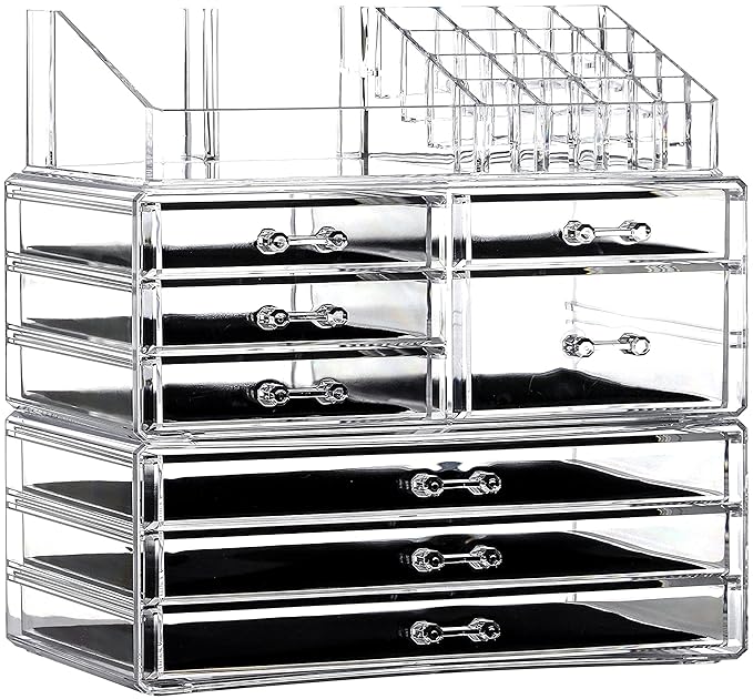 Cq Acrylic 3 Pack Clear Make Up Organizers - Stackable 8 Drawer Organizer for Vanity, Desk, Jewelry, Beauty & Skincare Products