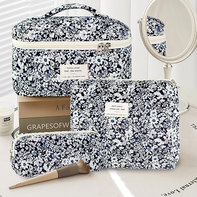 3Pcs Makeup Bag Cotton Quilted Travel Cosmetic Bag Cute Floral Makeup Pouch Large Toiletry Bag for Women Girls (Black Flowers)