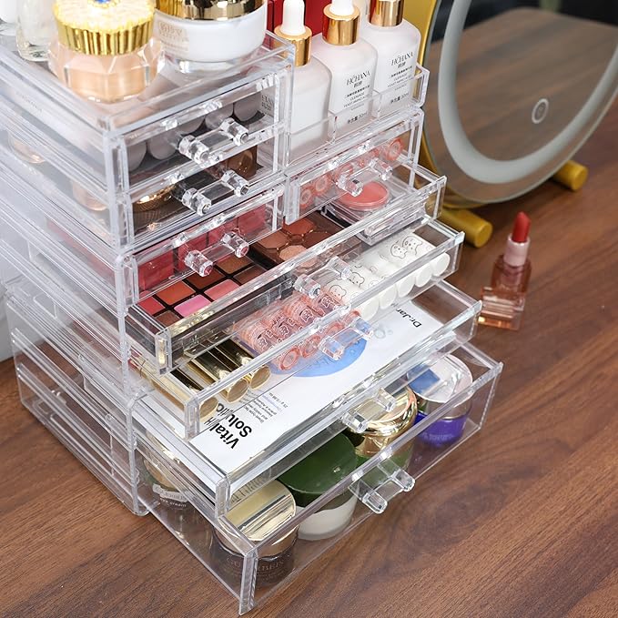 Cq acrylic 3 Pack Clear Make Up Organizers for Vanity With 8 Drawers,Stackable Skincare Organizer and Cosmetic Storage Organizer for Jewelry,Lipstick,Beauty,Skin Care,Vanity Organizers and Storage