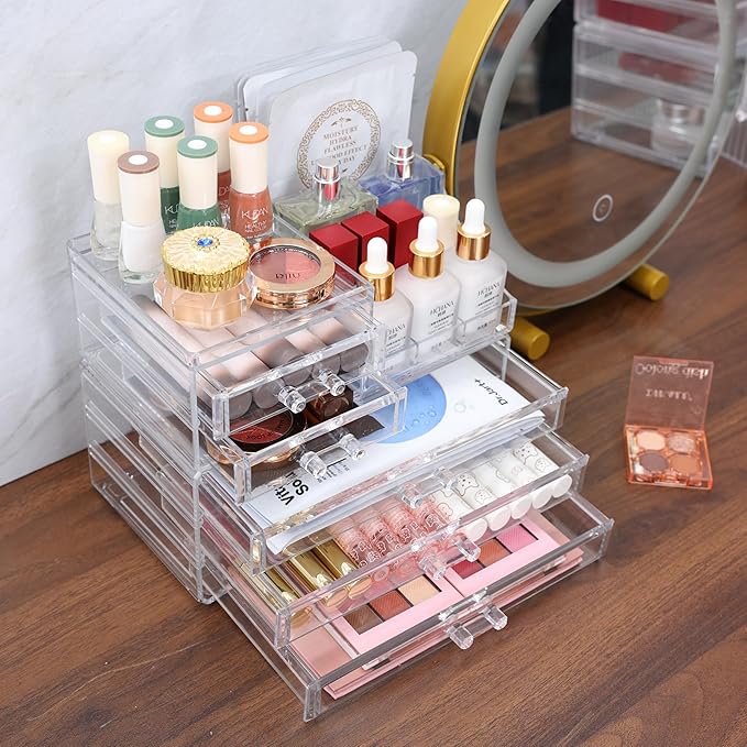Cq acrylic Clear Make up Organizers and Storage for Vanity,2 Pcak Cute Skincare Organizer and Cosmetic Storage Organizer for Jewelry,Lipstick,Beauty,Skin Care Bathroom Counter Organizer With 5 Drawers