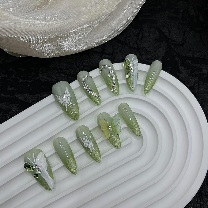 Wsliana Handmade Press On Nails - Long Almond Shape with Green Cat Eye Tip, 3D Butterfly and Diamond Heart Design, 10pcs Glue On Acrylic Fake Nails with Storage Box | Elegant Nail Kit (052 M)