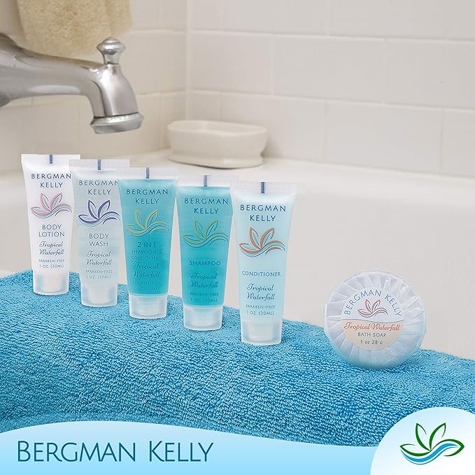 BERGMAN KELLY - Hotel Toiletries Bundle - Tropical Waterfall, 1 oz ea, 125 Pieces - 5-Piece Set: 25 ea Rectangular Bar Soap, Shampoo, Conditioner, Body Lotion & Body Wash - Bulk Mini Guest Amenities