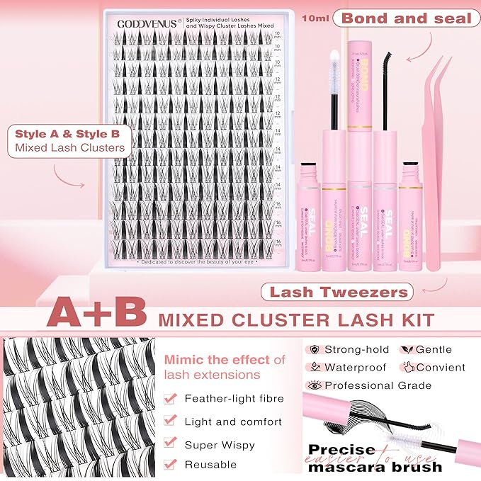 Manga Lash Clusters Kit Wispy Eyelash Clusters & Spiky Individual Lashes Mixed Cluster Eyelash Extensions Kit 10-16mm DIY Lash Extension Kit C Curl Wet Look Anime Cluster Lash Kit