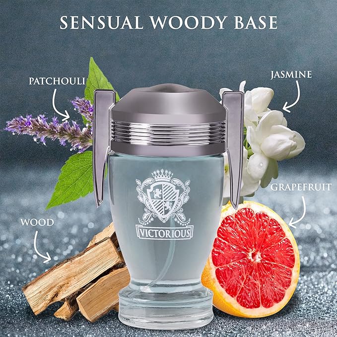 Victorious for Men Eau De Toilette - Woody & Aquatic Fragrance - Aromatic Bay Leaf & Jasmine & Woody Base of Guaiac Wood, Patchouli, Oak & Ambergris - Fresh & Sporty Composition - 100ml Spray Bottle