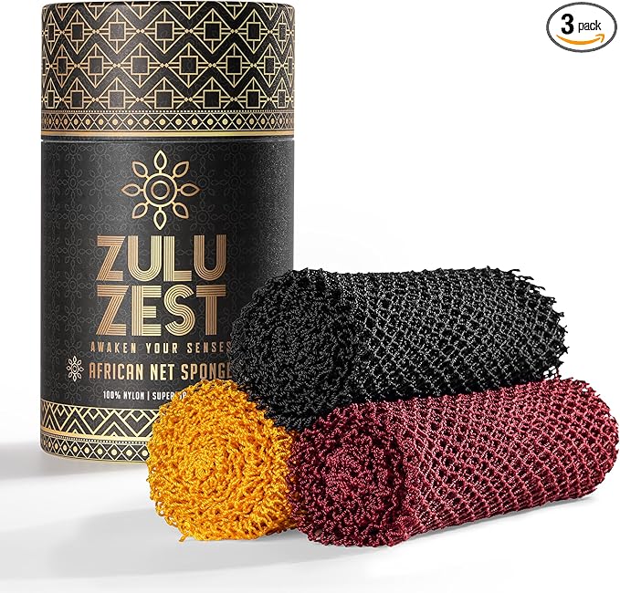African Net Sponge – Exfoliating Long Nylon Bath Cloth, 3 Pack, Durable Body and Back Scrubber, Dead Skin Remover for Women and Men, Quick Dry, Luxury Skin Care (Black, Yellow, Burgundy)