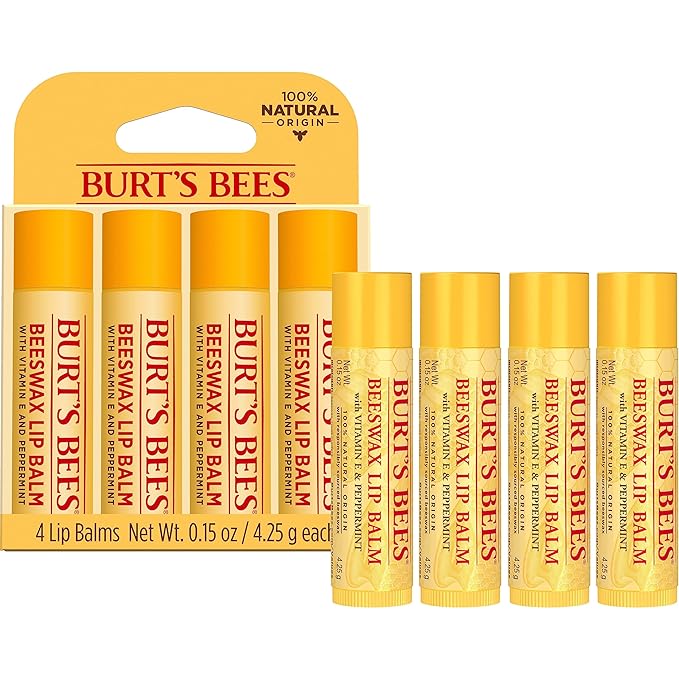 Burt's Bees Beeswax Lip Balm, Lip Moisturizer With Responsibly Sourced Beeswax, Tint-Free, Natural Conditioning Lip Treatment, 4 Tubes, 0.15 oz.