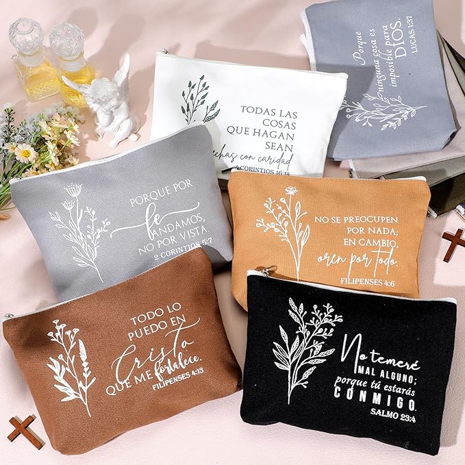10Pcs Christian Gifts for Women Religious Cosmetic Bags Inspirational Bible Verse Pencil Pouch Canvas Makeup Bags Bulk with Zipper for Mother Sister Church Favors