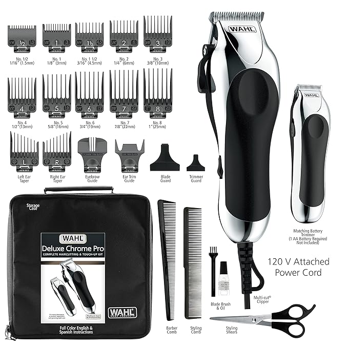 Wahl Clipper USA Deluxe Corded Chrome Pro, Complete Hair and Trimming Kit, Includes Corded Clipper, Cordless Battery Trimmer, and Styling Shears, for a Cut Every Time - Model 79524-5201M