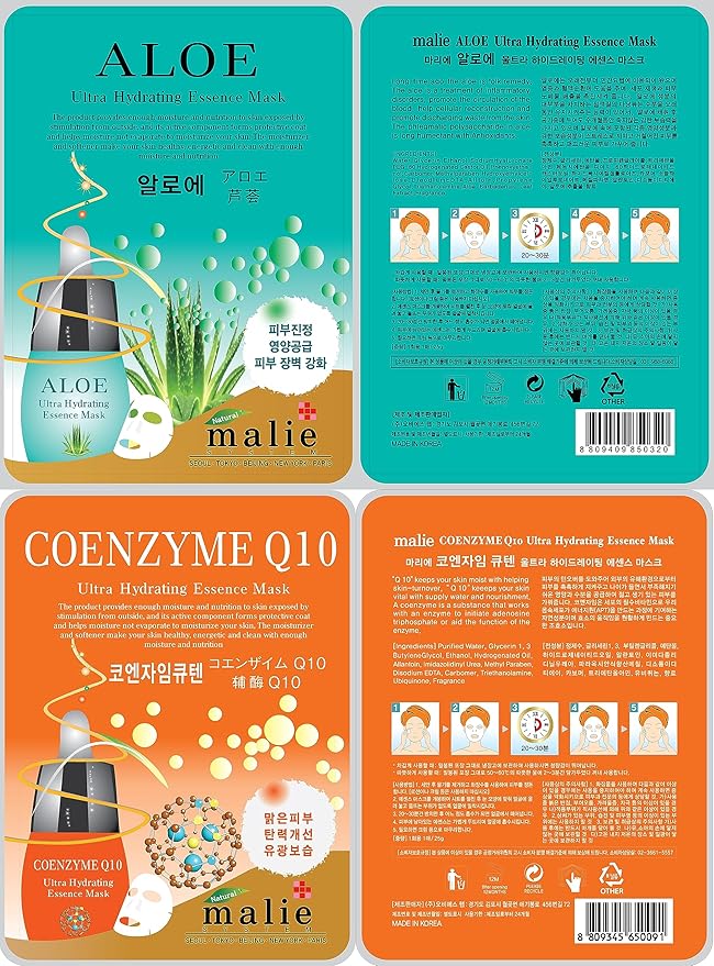 100 Pcs-Combo Ultra Hydraiting Essence Mask (10 types x 10 pcs), Korean Facial Mask Sheet, Skincare Moisturizing