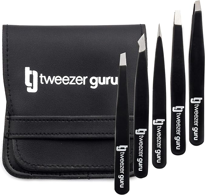 Tweezers Set 5-piece - Tweezer Guru Stainless Steel Slant Tip and Pointed Eyebrow Tweezer Set - Great Precision for Facial Hair, Ingrown Hair, Splinter and Blackhead Remover (Black) (5-Pack)