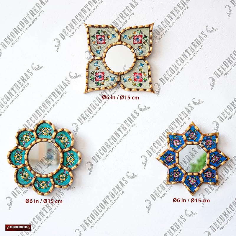 Peruvian Small Wall Mirror set of 3 - Decorative Vintage mirrors of 6" for wall decor - Painted Glass mirror for wall room decor