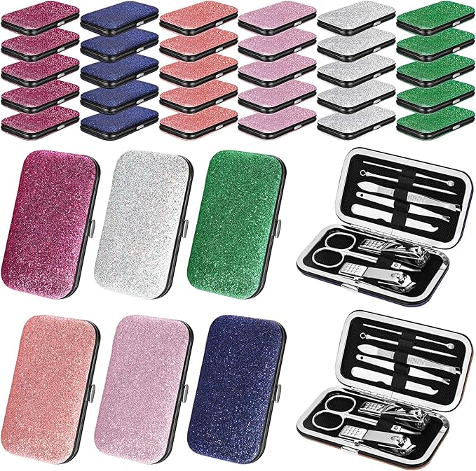 30 Sets Bulk Gifts for Women Manicure Set Bulk Professional Nail Care Kit Nail Clippers Kit 8 in 1 Stainless Steel Pedicure Set with Travel Case for Women Men(Fine Glitter)