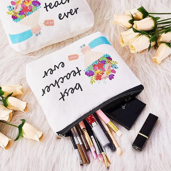 LEIFIDE 24 Pcs Teacher Appreciation Gifts Set, Thank You Birthday Gifts for Teachers 6 Teacher Cosmetic Bag 6 Teacher Blessing Card Bracelet 6 Bookmarks 6 Keychain for Women Teachers Day Graduation