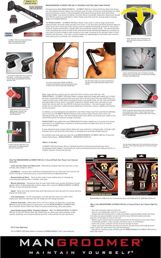 MANGROOMER - Ultimate PRO Back Hair Shaver (New 7th Generation) Complete Wide Blade Attachment Head with Shock Absorber Neck (Attachment Head with Shock Absorber Neck and Blade only)