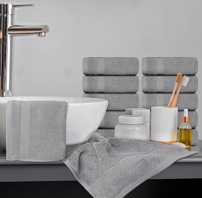 White Classic Light Grey Luxury Cotton Washcloths 12 Pc Set - Large 13x13 Inches Hotel Style Face Towel, High Absorbent Quick Dry Wash Cloths for Home, Spa, Gym, Light Grey, 12 Pack