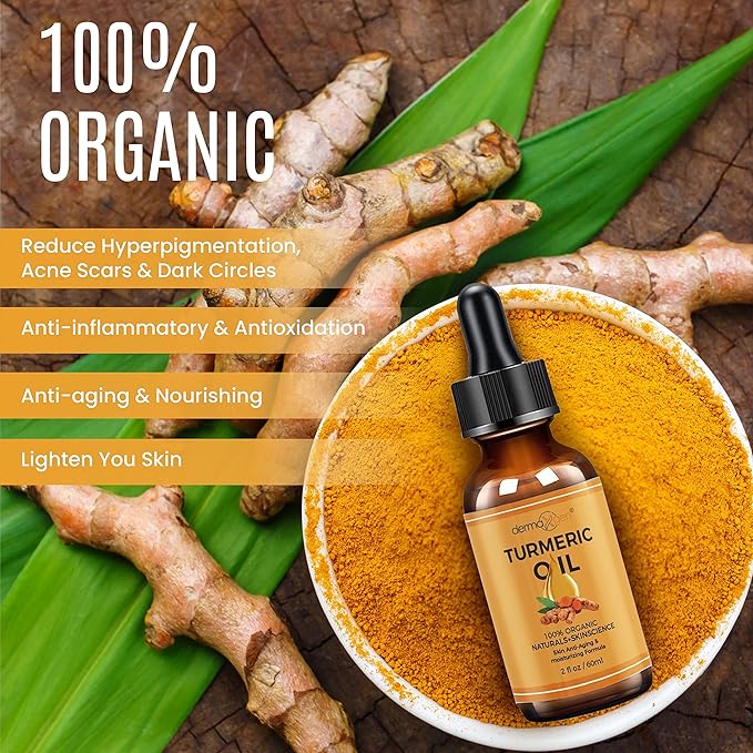 Organic Turmeric Oil for Skin Lightening – Turmeric Face Oil for Dark Spots, Anti-Aging & Hydrating Dry Skin – Glow Moisturizer for Face, Neck & Eyes (2 FL OZ / 60 ML)