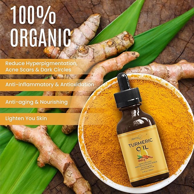 Organic Turmeric Oil for Skin Lightening - Turmeric Face Oil for Dark Spots, Anti-Aging & Hydrating Dry Skin - Glow Moisturizer for Face, Neck & Eyes (4 FL OZ / 60 ML)