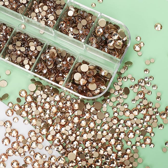 2400 Pieces Flat Back Rhinestones Round Crystal Gems 6 Sizes (1.5-4.8 mm) Nail Jewels Craft Glass Diamonds Stones Kit with Tweezers and Picking Pen, for Nail Art Eye Makeup (Gold Shadow)