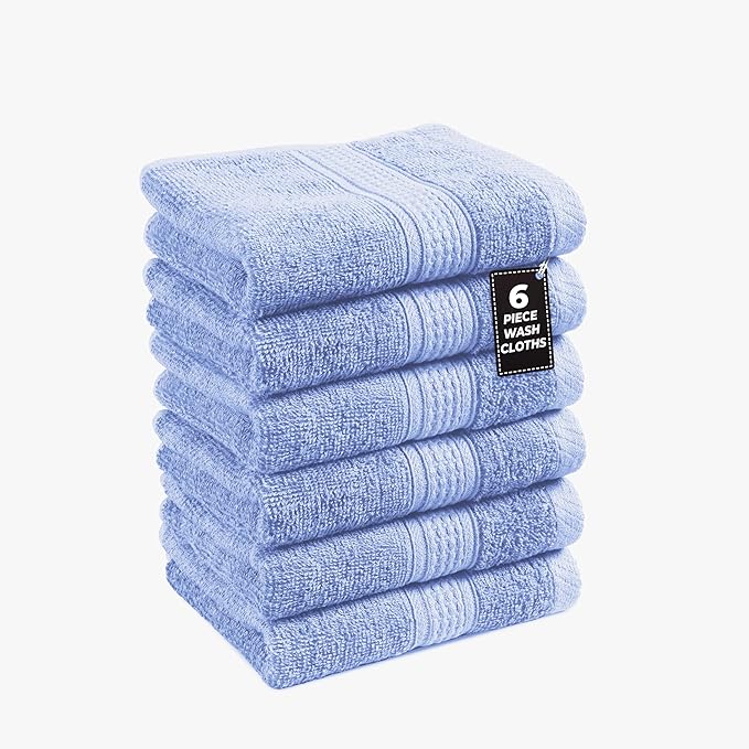 LANE LINEN 100% Cotton Wash Cloths 6 Pack - Spa & Salon Quality - Ring Spun Cotton Face Cloths- Soft & Absorbent Washcloths for Shower, Home, Kitchen - Fingertip Towels Set - 13"x13", Cerulean Blue