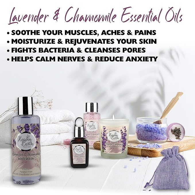 Valentines Gift Baskets for Women Spa Day! Natural Lavender Chamomile Spa Bath Sets for Women Gift Infused with Essential Oils. Sulfate Free Lavender Bath Set Spa Gift Set