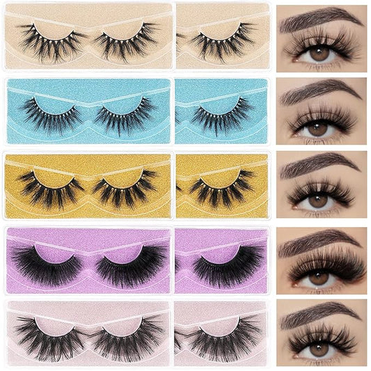 Wholesale Lashes, 3D Faux Mink Eyelash Bulk, 18mm Handmade Reusable Eye Lash, 5 Styles Dramatic Fluffy False Lash with Glitter Portable Packing (5 styles-10 pairs)